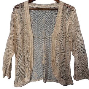 Vintage Rayon Elegant Cream Open-Knit 3/4 Sleeve Cardigan Beachcore Grandmacore
